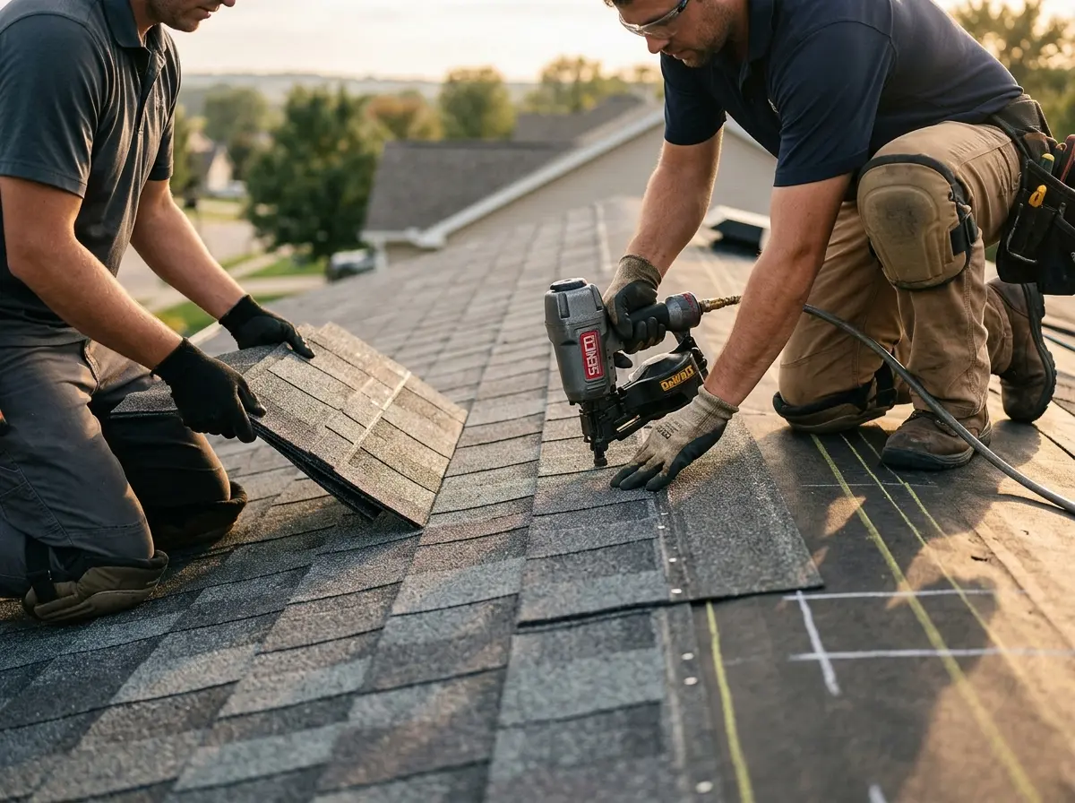 Professional roofer working on a residential roof in Merrifield